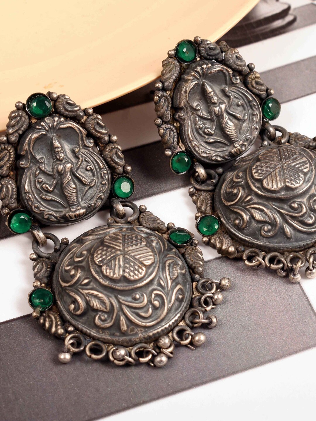 

VIRAASI Stone-Studded Oxidised Temple Drop Earrings, Green