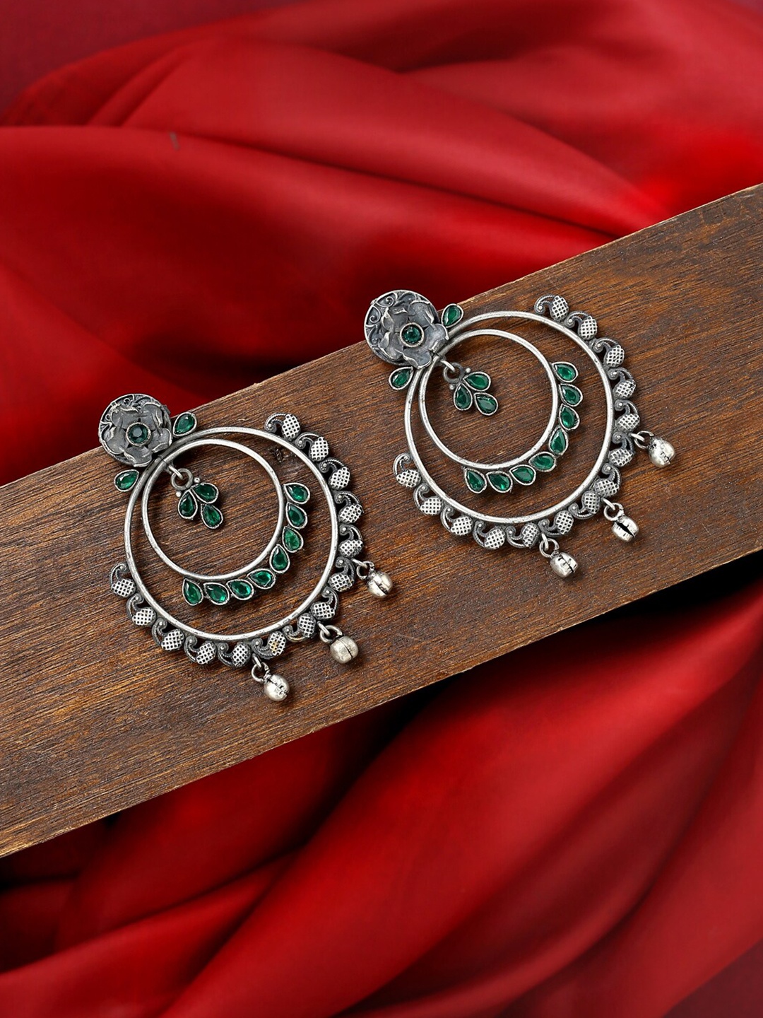 

VIRAASI Stone-Studded Oxidised Ghungroo Dangler Chandbalis, Green