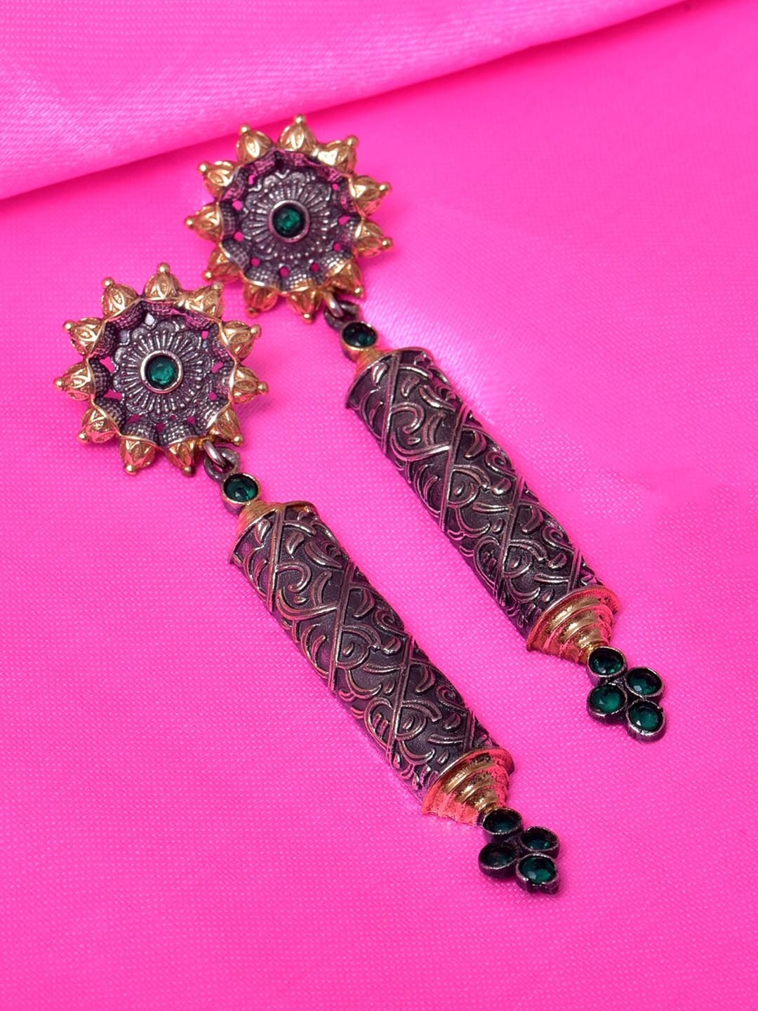 

VIRAASI Stone-Studded Floral Detail Drop Earrings, Green
