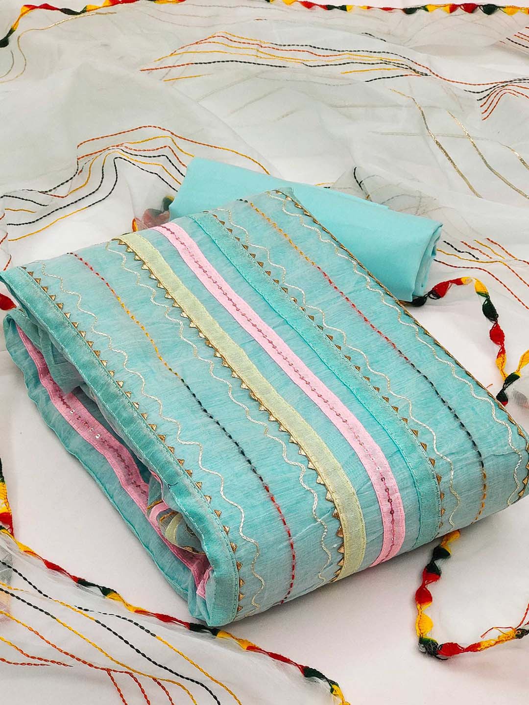 

KALINI Striped Unstitched Dress Material, Blue