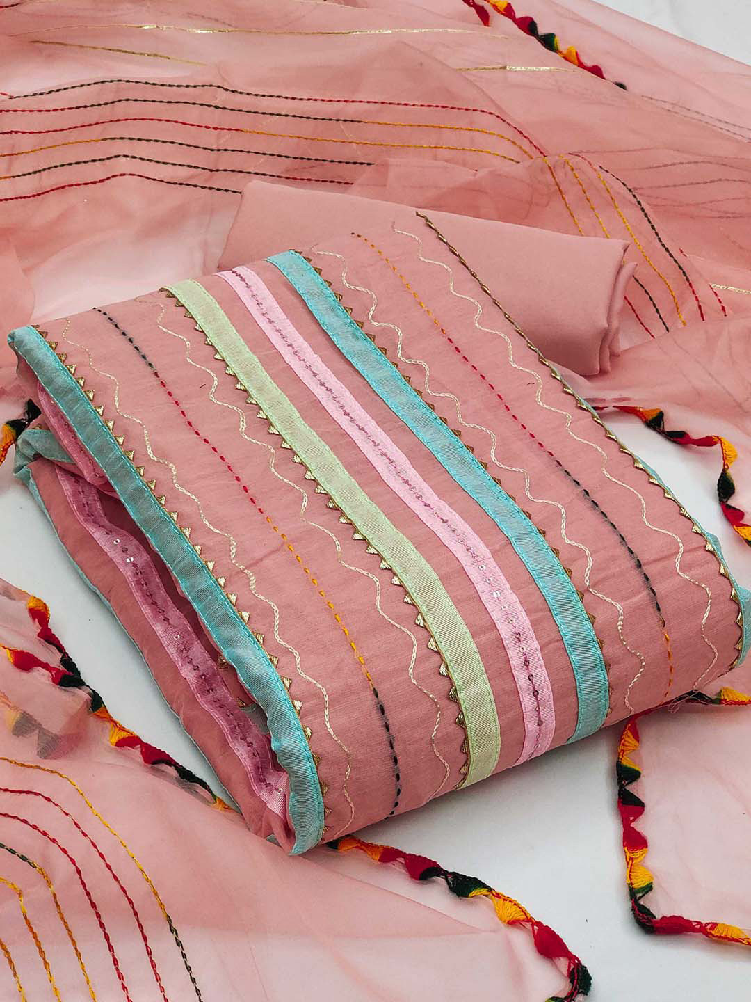 

KALINI Striped Unstitched Dress Material, Pink
