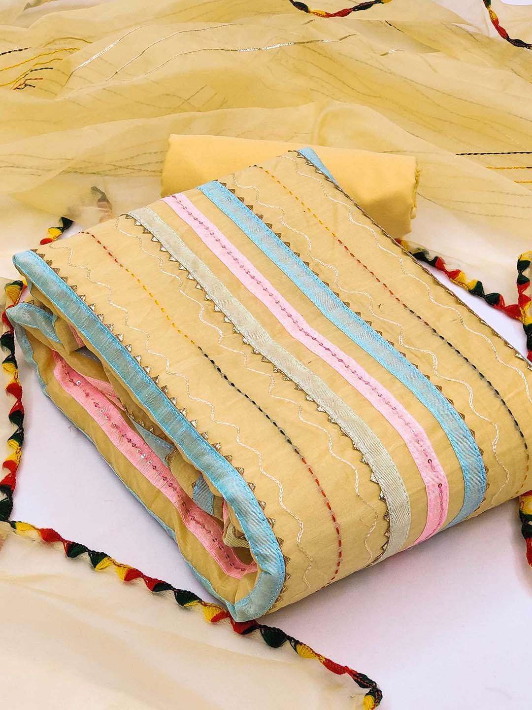 

KALINI Striped Unstitched Dress Material, Yellow