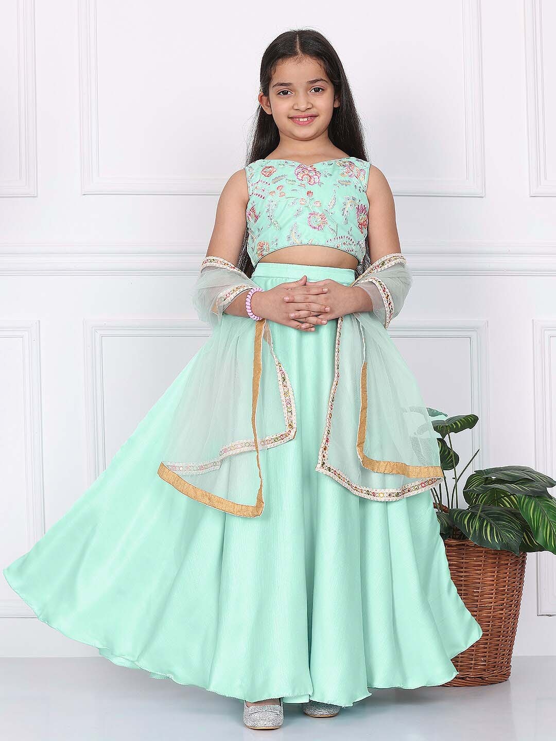 

Ethnovog Girls Embroidered Ready to Wear Lehenga & Blouse With Dupatta, Green