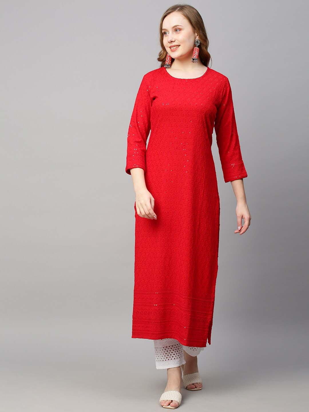 

AMRUTVARSHA CREATION Embroidered Sequinned Jacquard Straight Kurta, Red