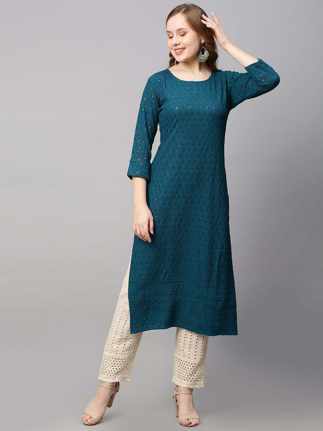 

AMRUTVARSHA CREATION Embroidered Sequinned Jacquard Straight Kurta, Turquoise blue