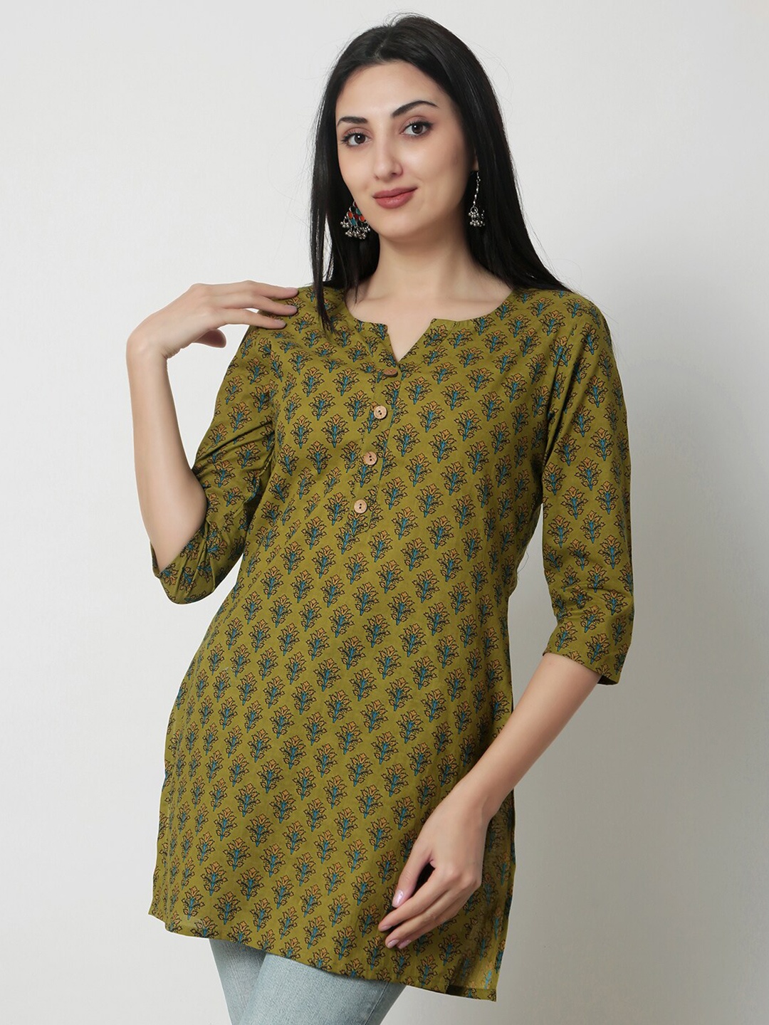 

KALINI Ethnic Motifs Printed Pure Cotton Kurti, Green