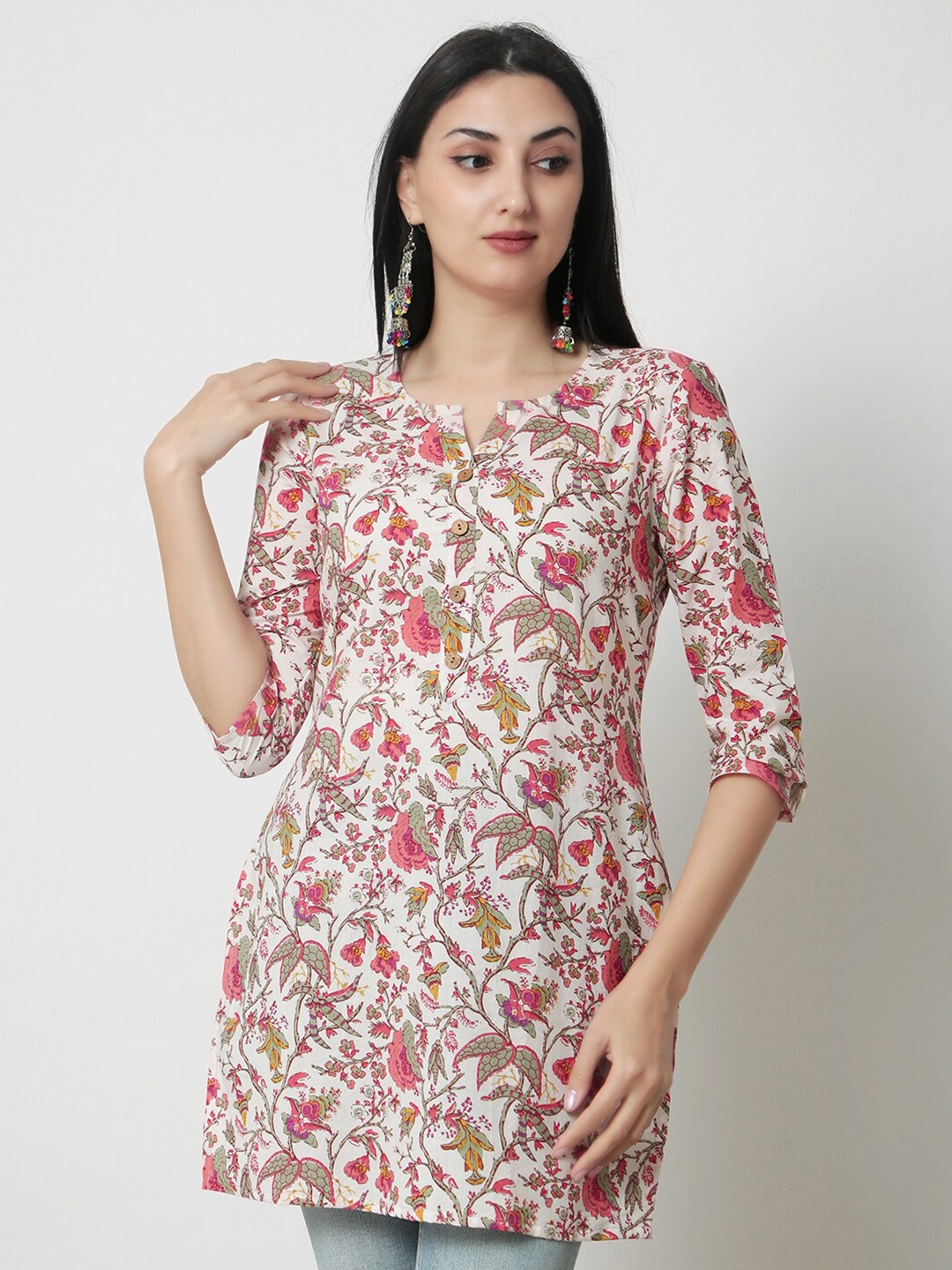 

KALINI Floral Printed Cotton Opaque Casual Top, Pink