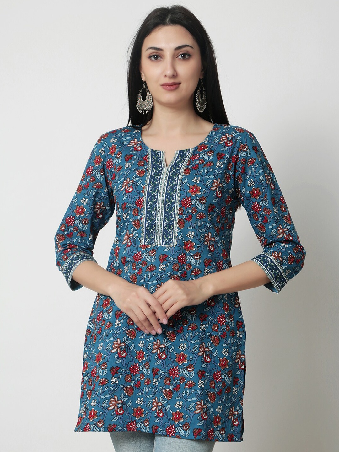 

KALINI Floral Printed Cotton A-Line Top, Blue