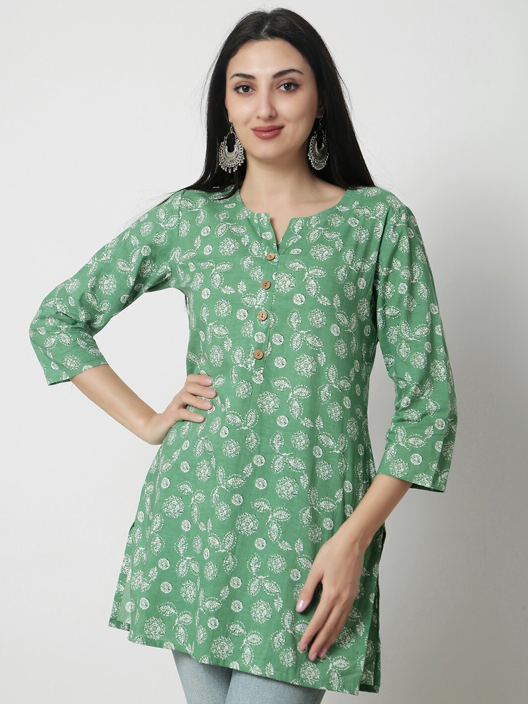 

KALINI Floral Printed Cotton A-Line Top, Green