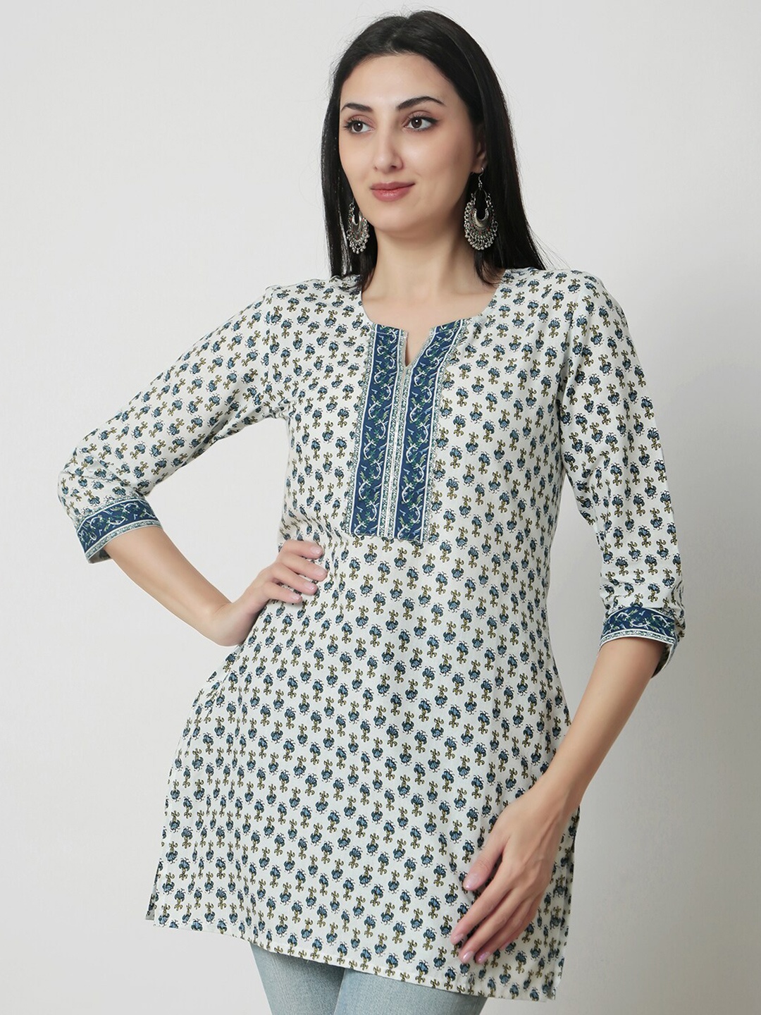 

KALINI Floral Printed Cotton A-Line Top, Blue