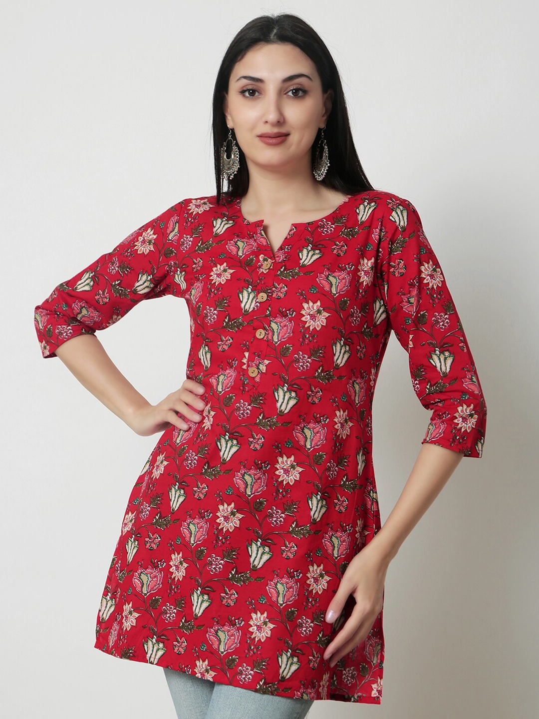 

KALINI Floral Printed Cotton A-Line Top, Red