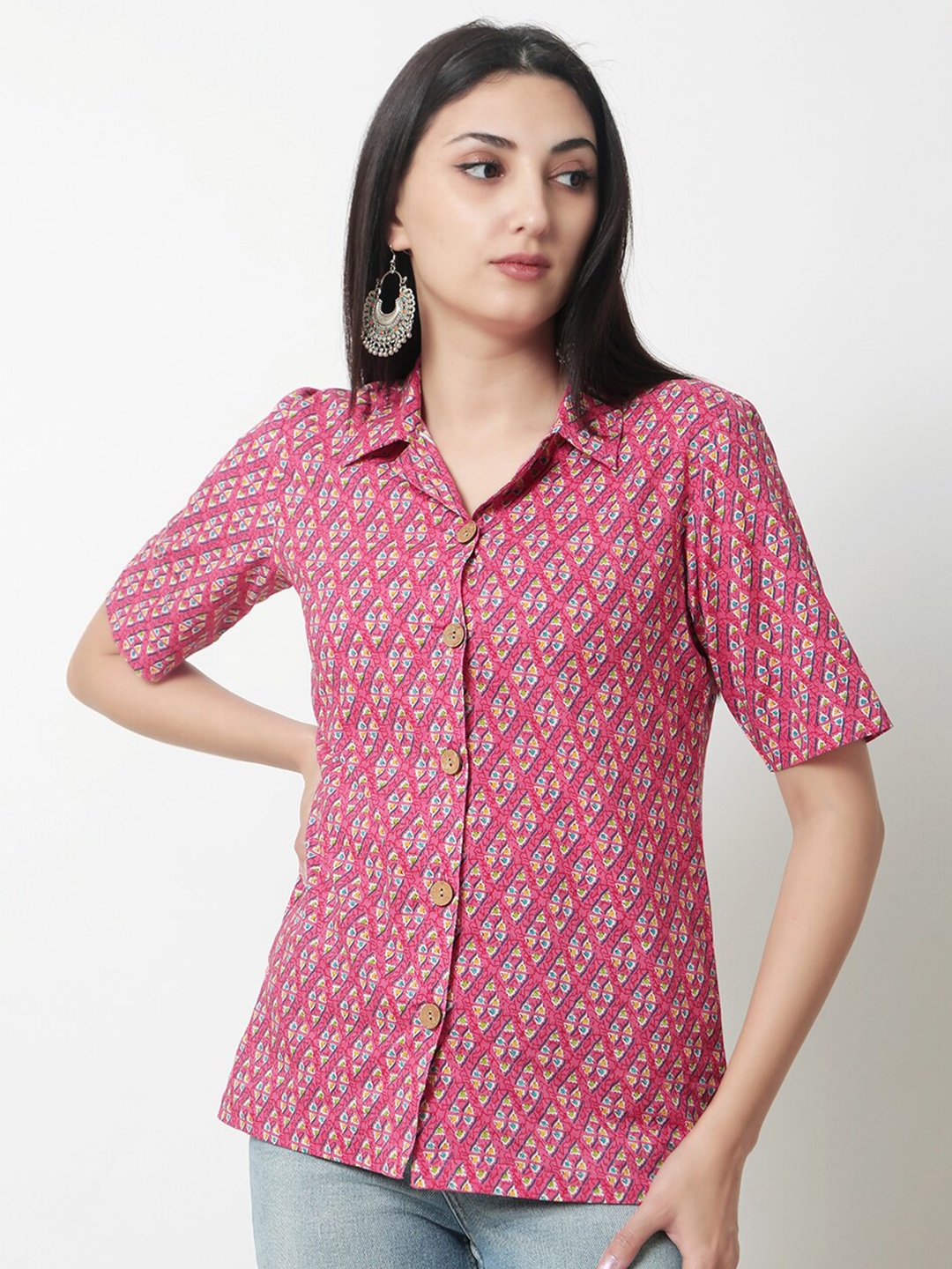 

KALINI Geometric Printed Cotton Shirt Top, Pink