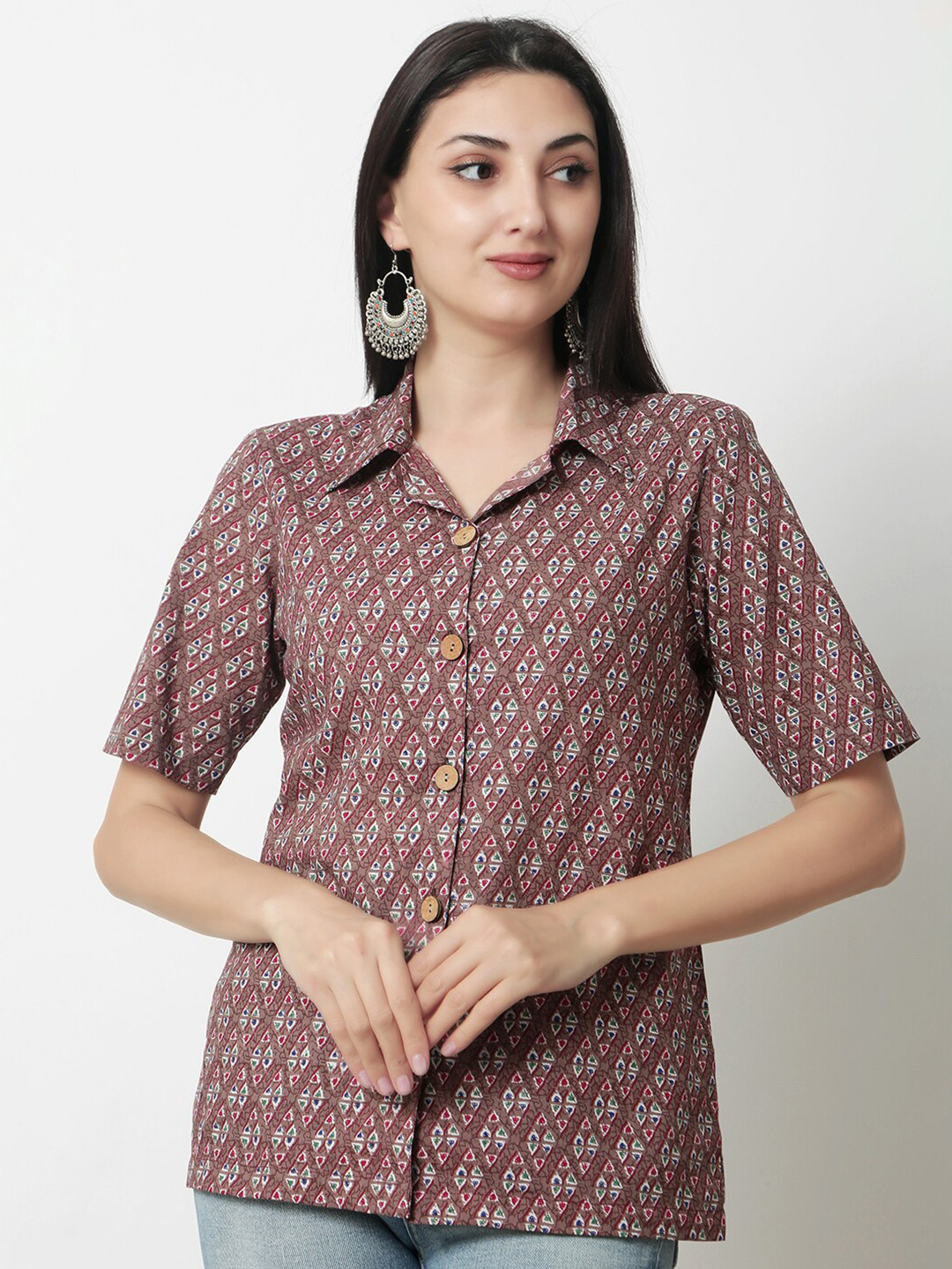 

KALINI Geometric Print Shirt Collar Cotton Top, Brown