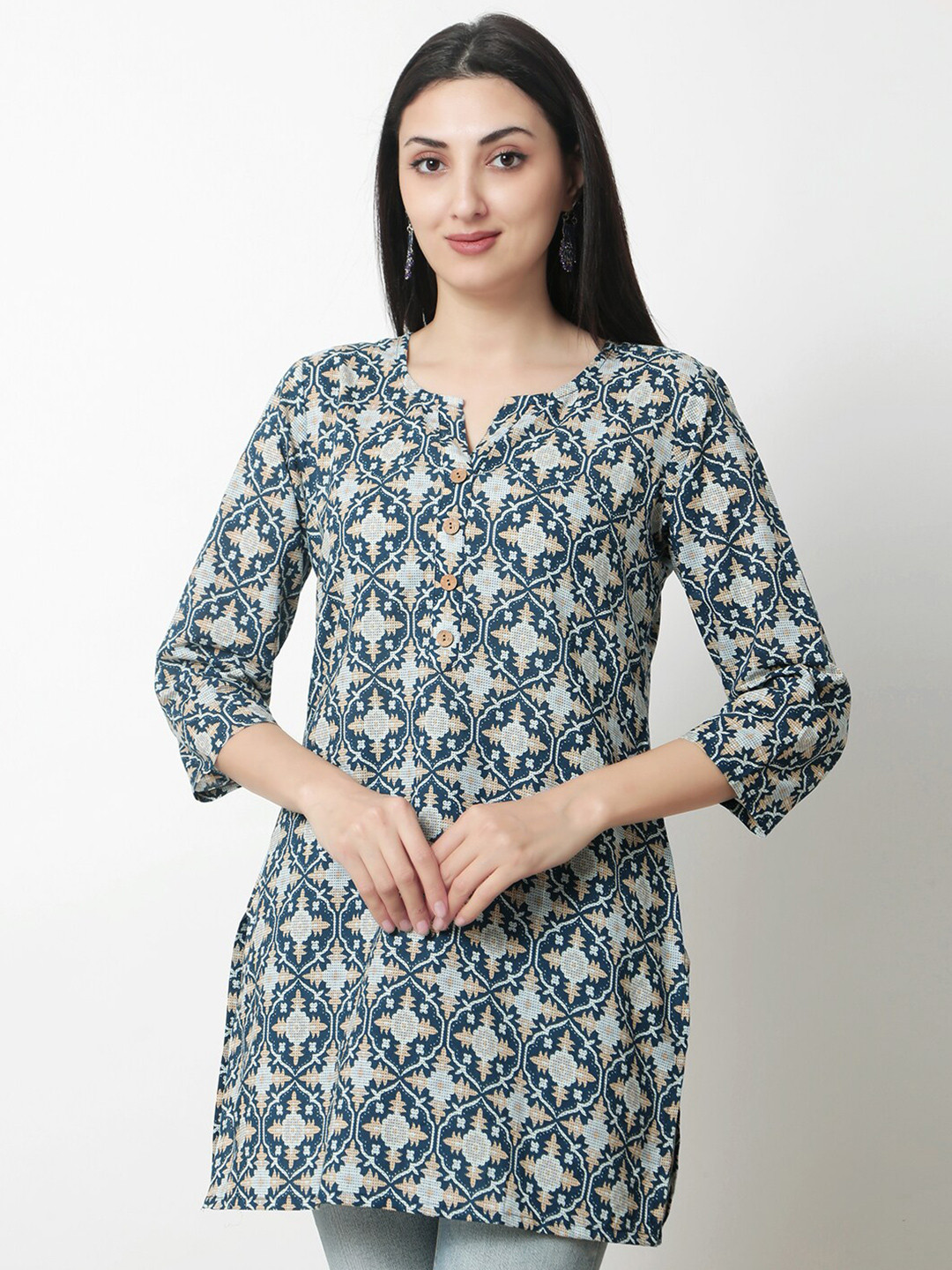 

KALINI Floral Print Round Neck Three-Quarter Sleeves Cotton Top, Blue