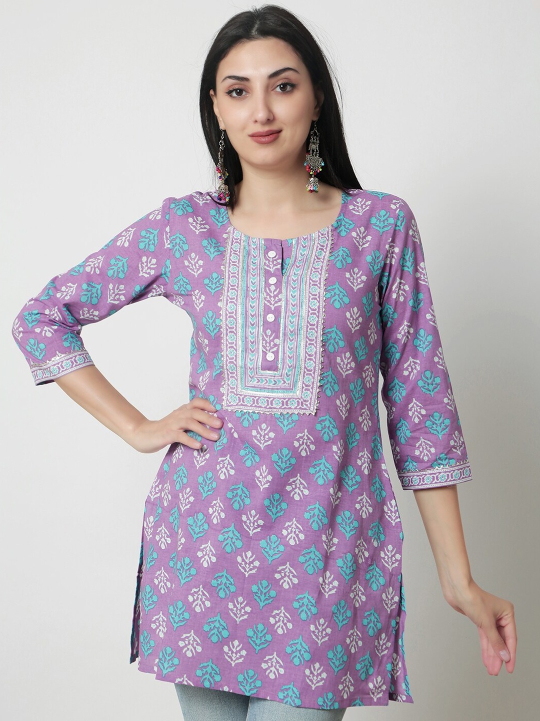 

KALINI Floral Print Round Neck Three-Quarter Sleeves Cotton Top, Purple