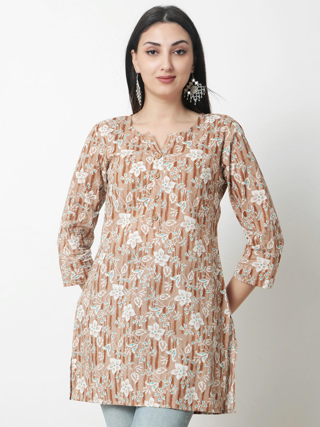 

KALINI Floral Printed Round Neck Cotton Regular Top, Beige