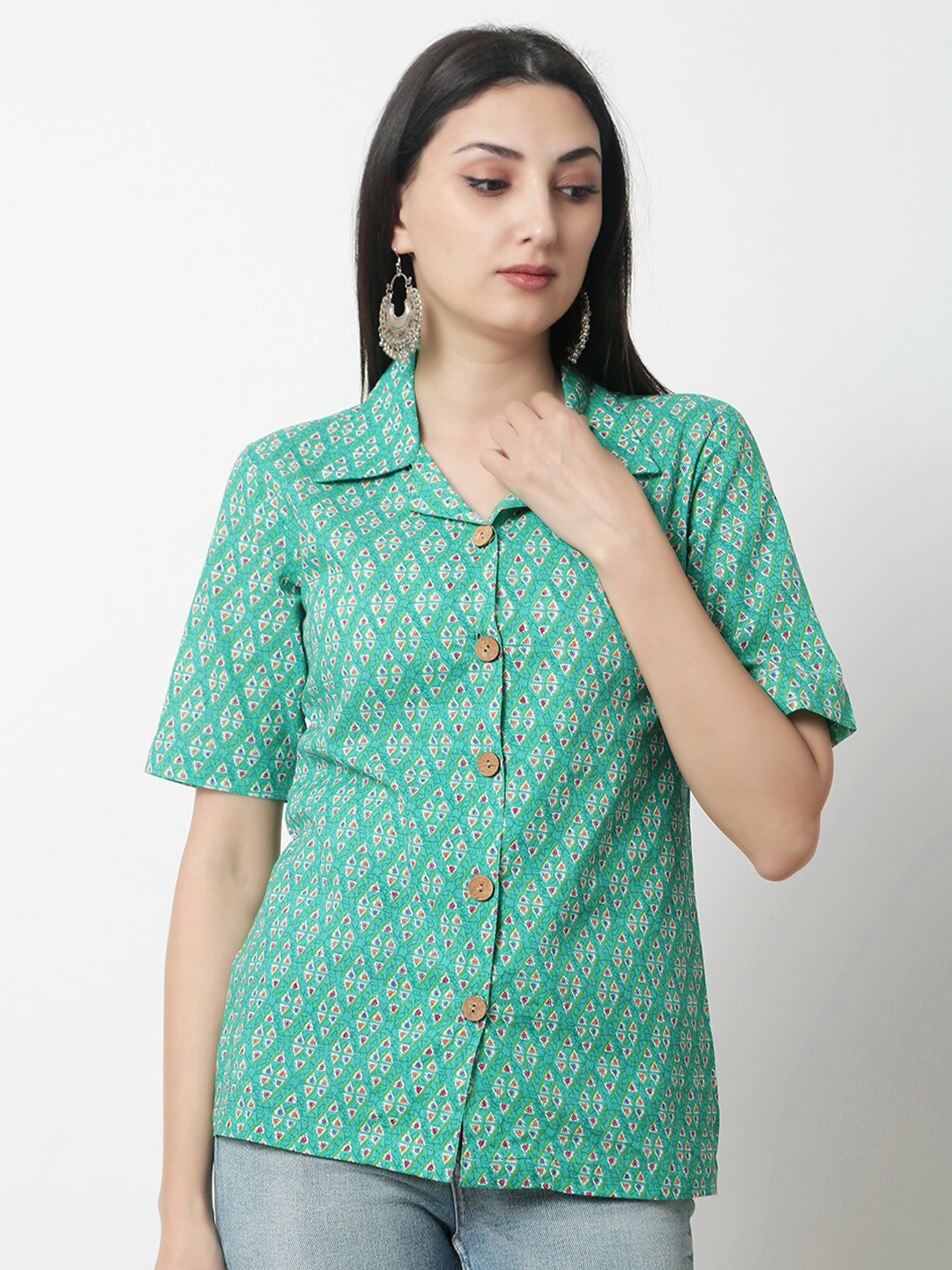 

KALINI Geometric Printed Cotton Mandarin Collar Regular Top, Sea green
