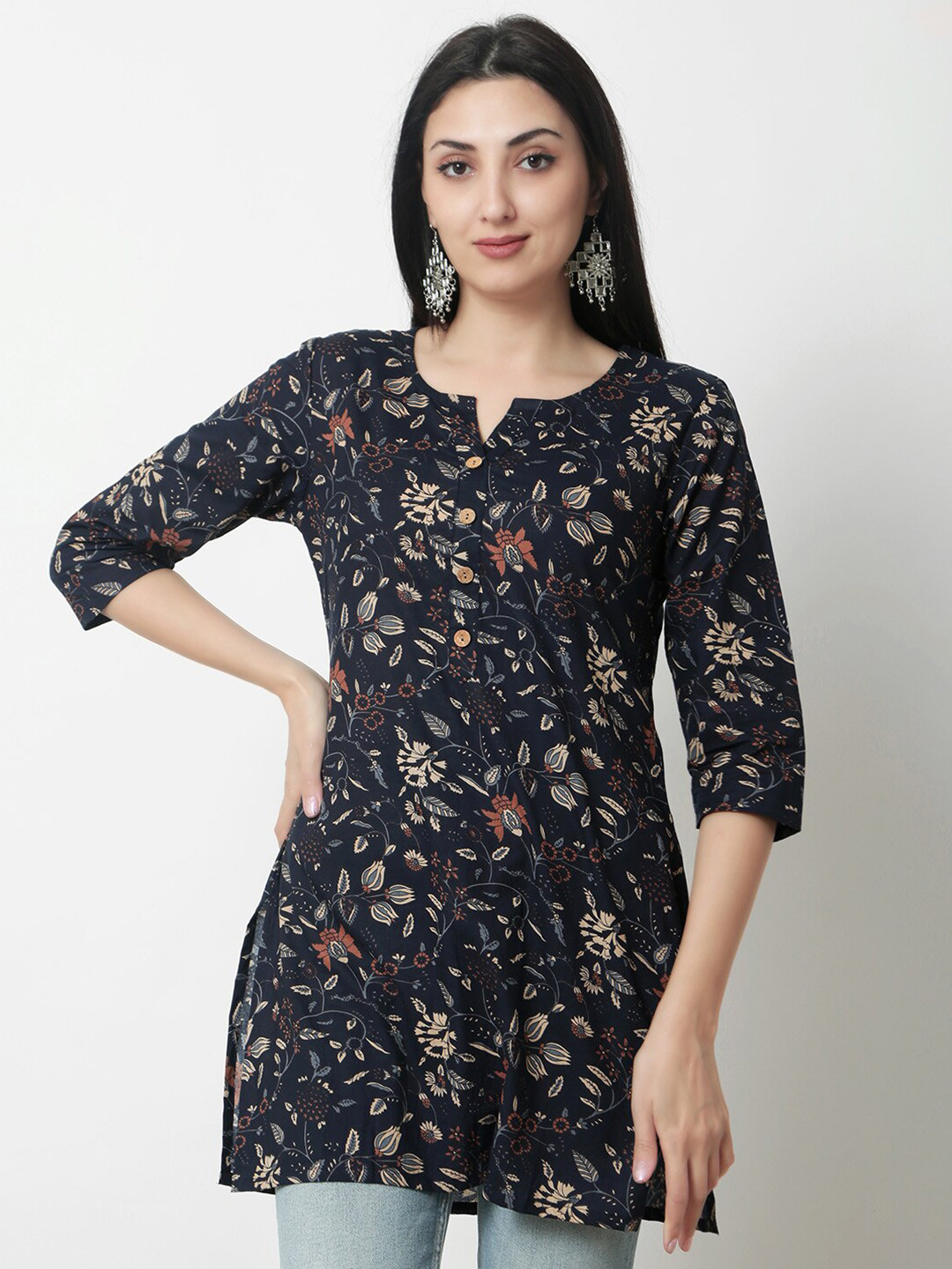 

KALINI Floral Printed Cotton Regular Top, Blue