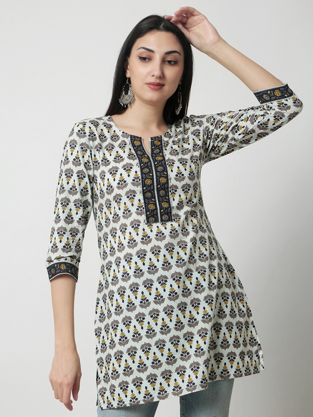 

KALINI Ethnic Motifs Printed Cotton Regular Top, Off white