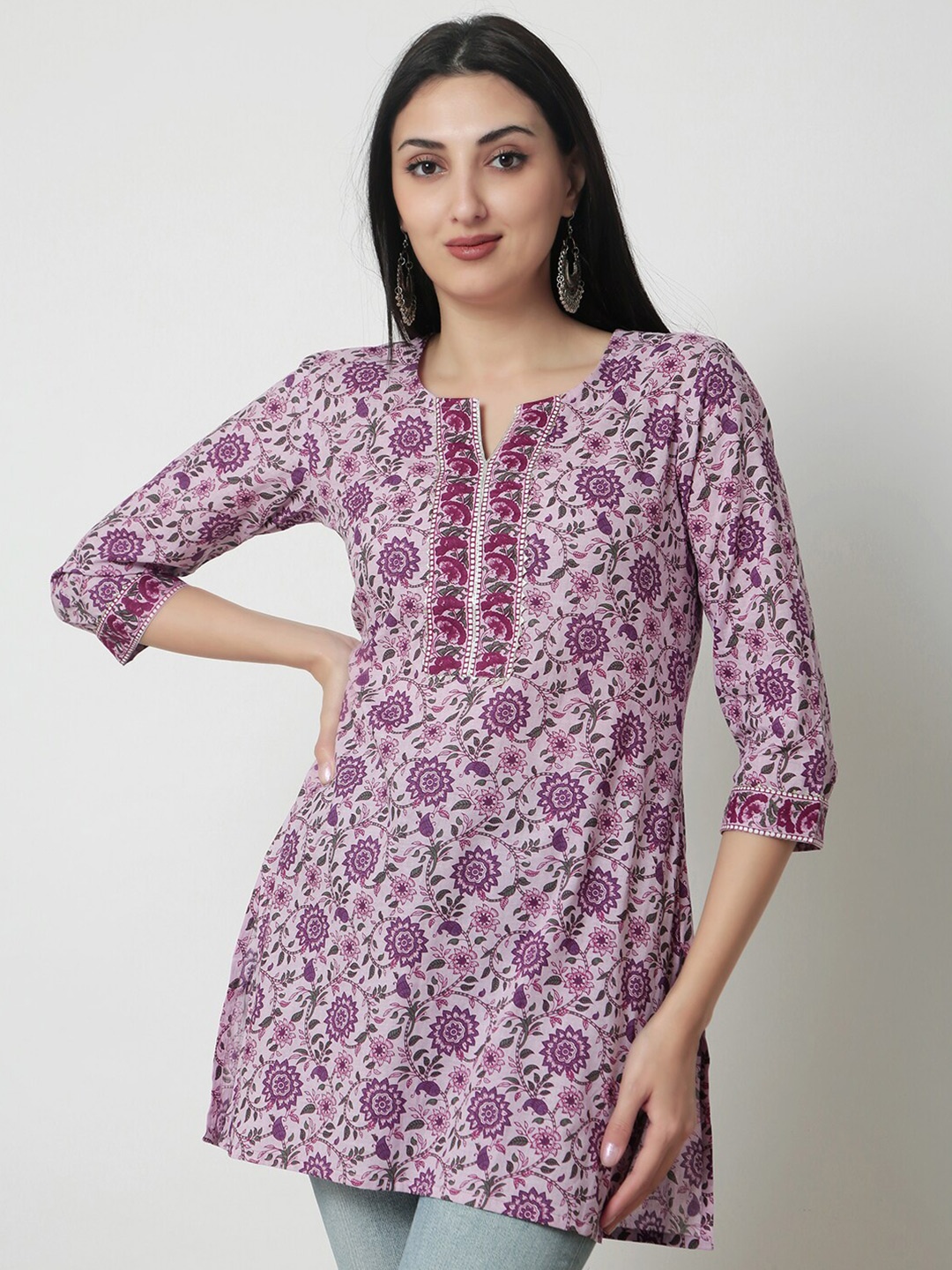 

KALINI Floral Printed Notched Neck Cotton Top, Purple