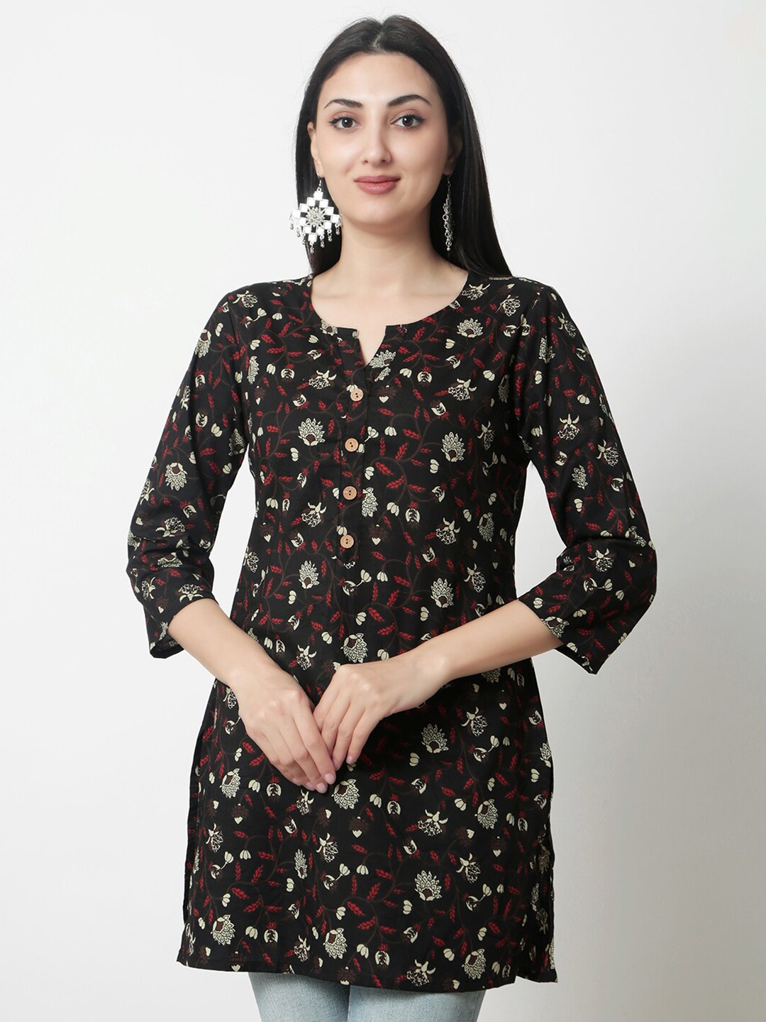 

KALINI Floral Printed Notched Neck Cotton Top, Black