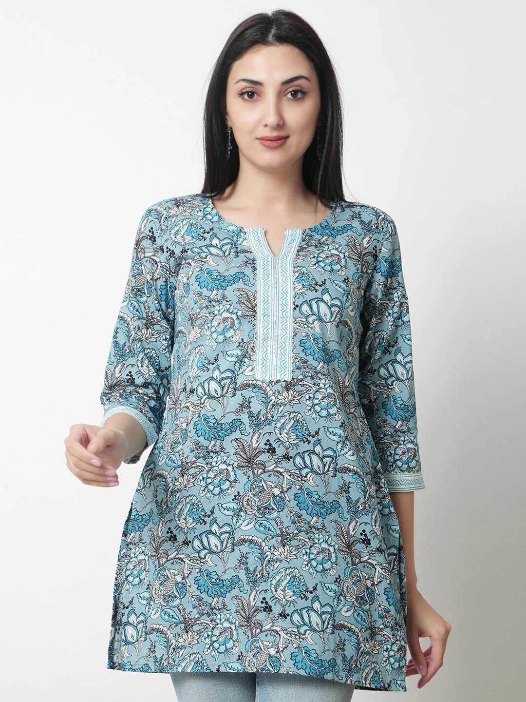 

KALINI Blue Floral Printed Notched Neck Cotton Top