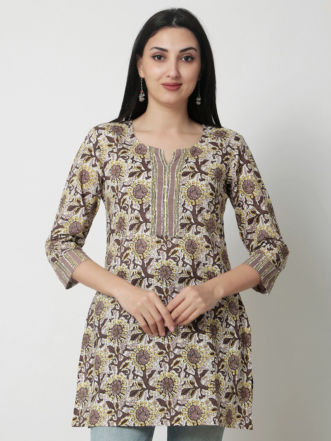 

KALINI Floral Printed Notched Neck Cotton Kurti, Brown
