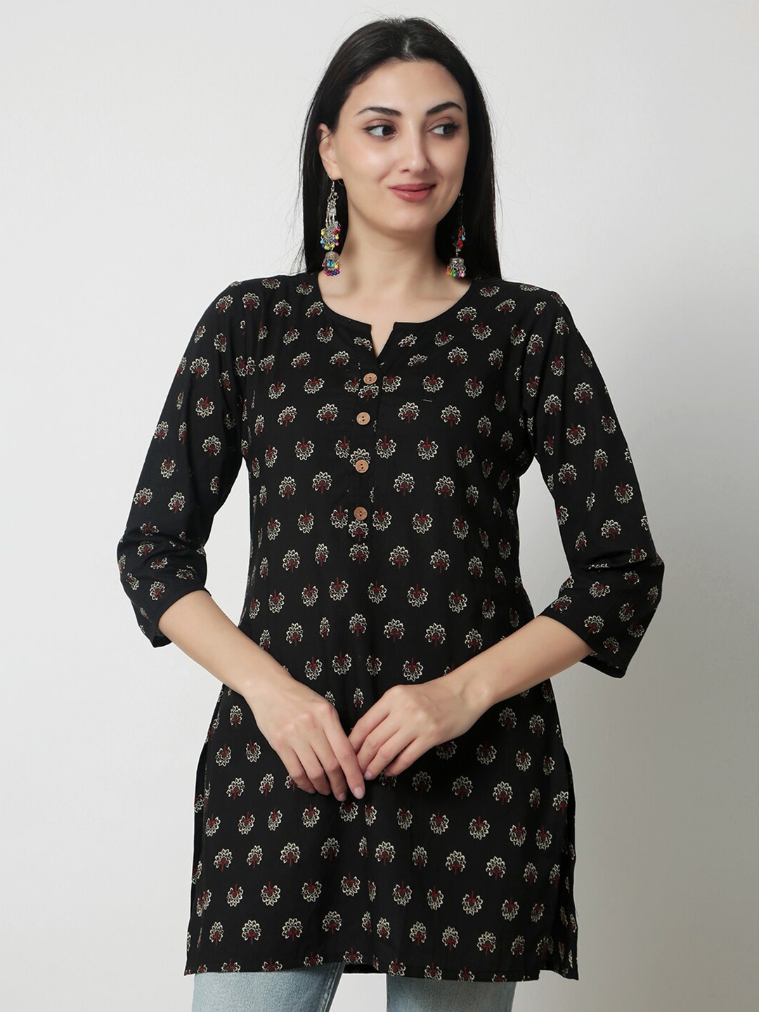 

KALINI Floral Printed Notched Neck Cotton Kurti, Black