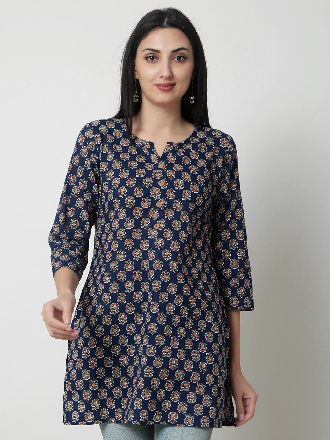 

KALINI Floral Print Notched Neck Cotton Kurti, Blue