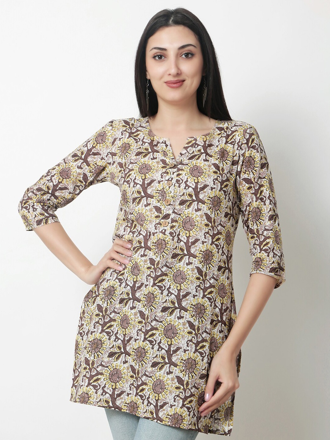 

KALINI Floral Printed Notched Neck Cotton Kurti, Brown