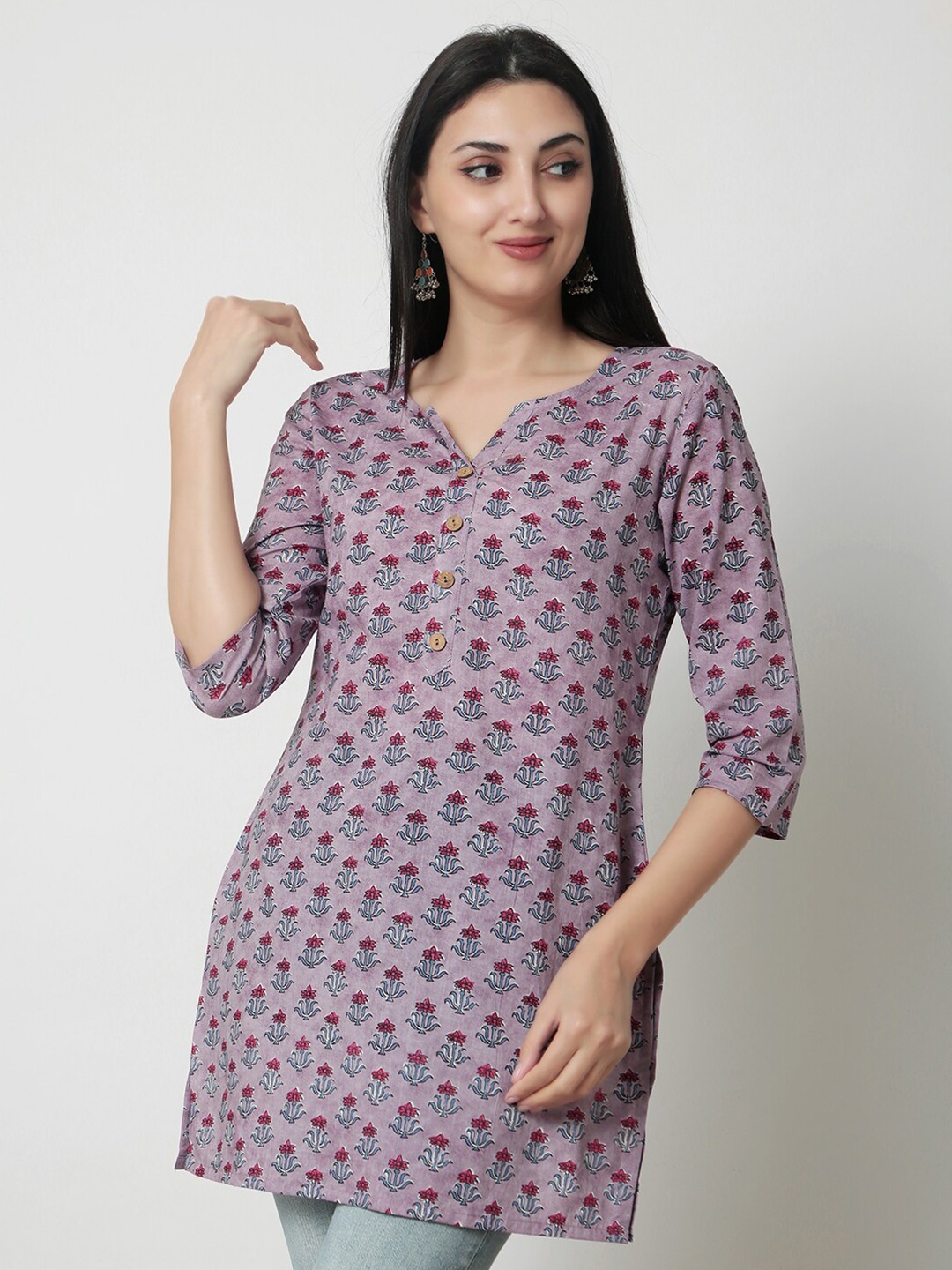 

KALINI Purple and Red Floral Print Cotton Top