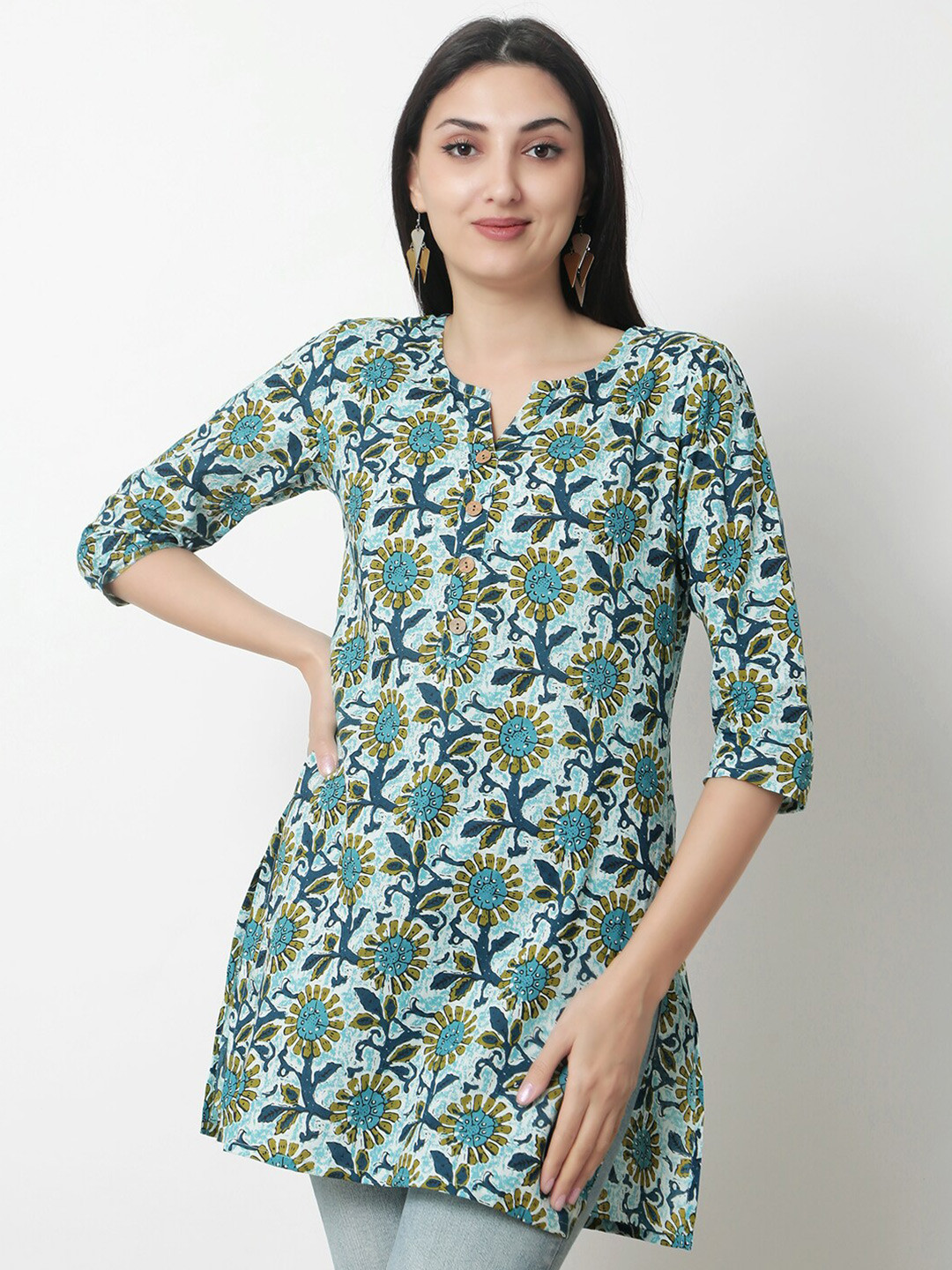

KALINI Floral Print Cotton Kurti, Sea green