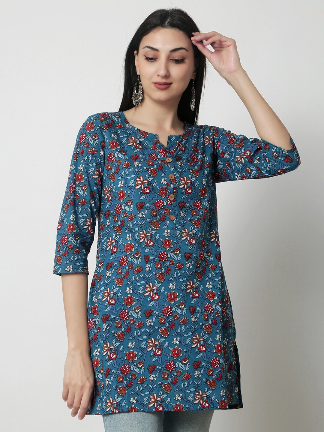 

KALINI Floral Printed Cotton Top, Blue