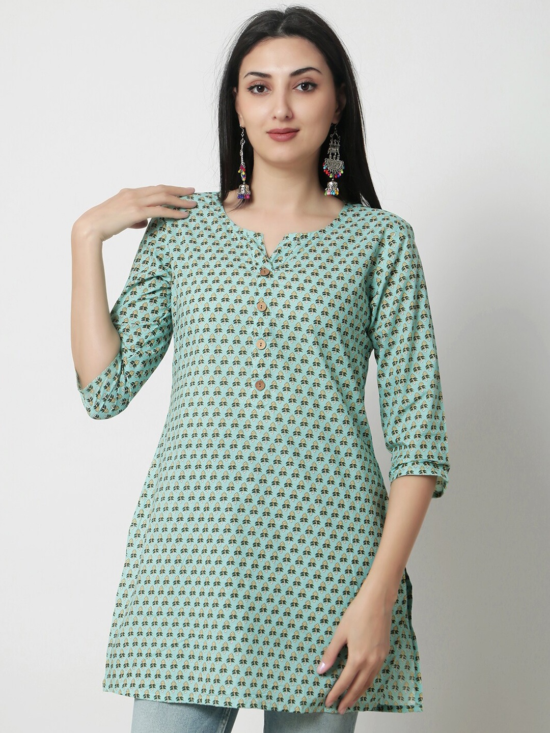 

KALINI Floral Printed Round Neck Cotton Top, Green