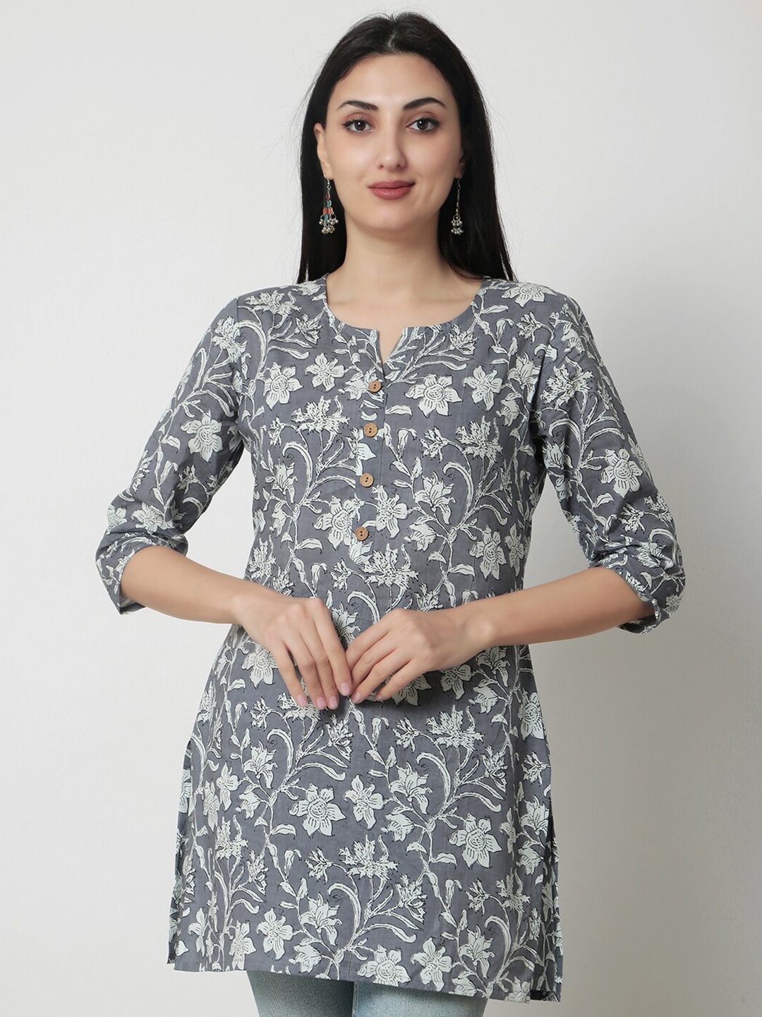 

KALINI Floral Printed Round Neck Cotton Top, Grey