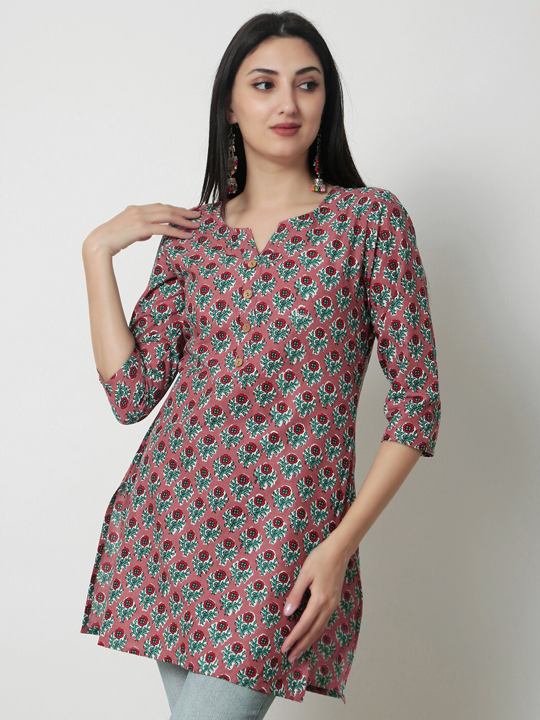 

KALINI Floral Printed Round Neck Cotton Top, Peach