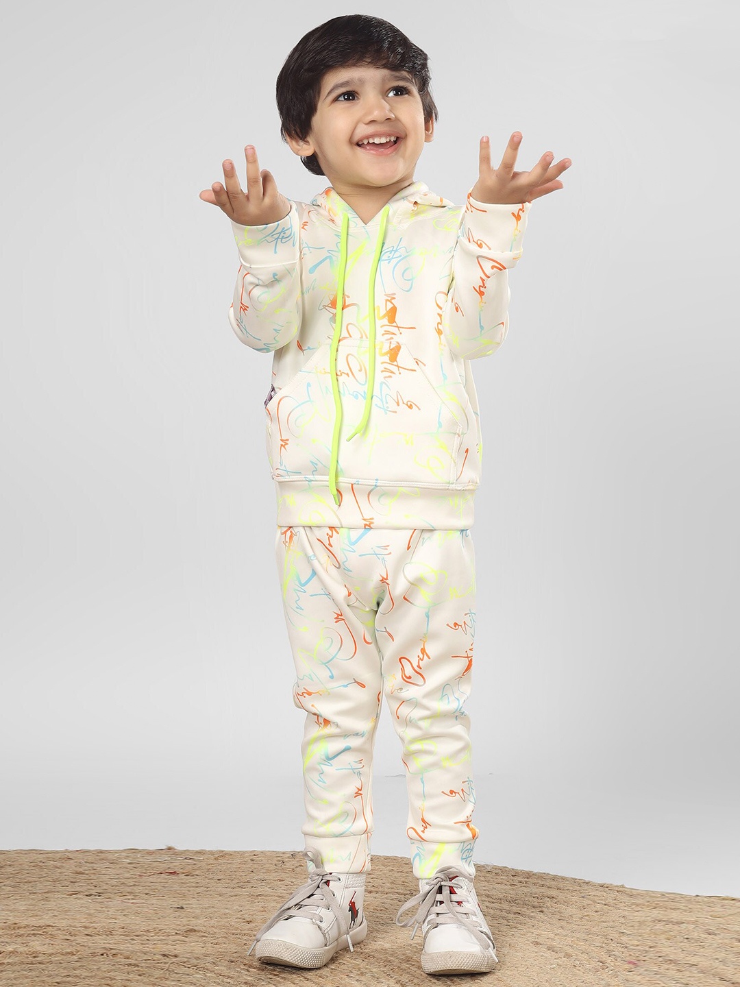 

Polka Tots Infant Kids Printed Hooded T-shirt And Trousers, White