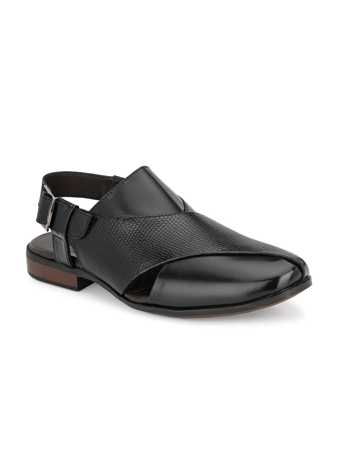 

Egoss Textured Round Toe Leather Shoe-Style Sandals, Black