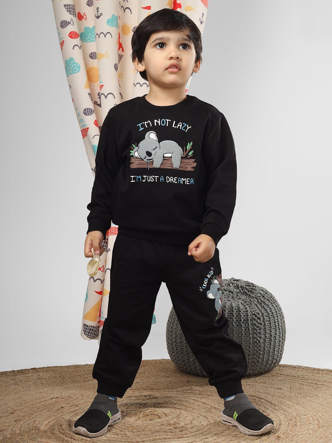 

Polka Tots Kids Graphic Printed Sweatshirt With Joggers, Black