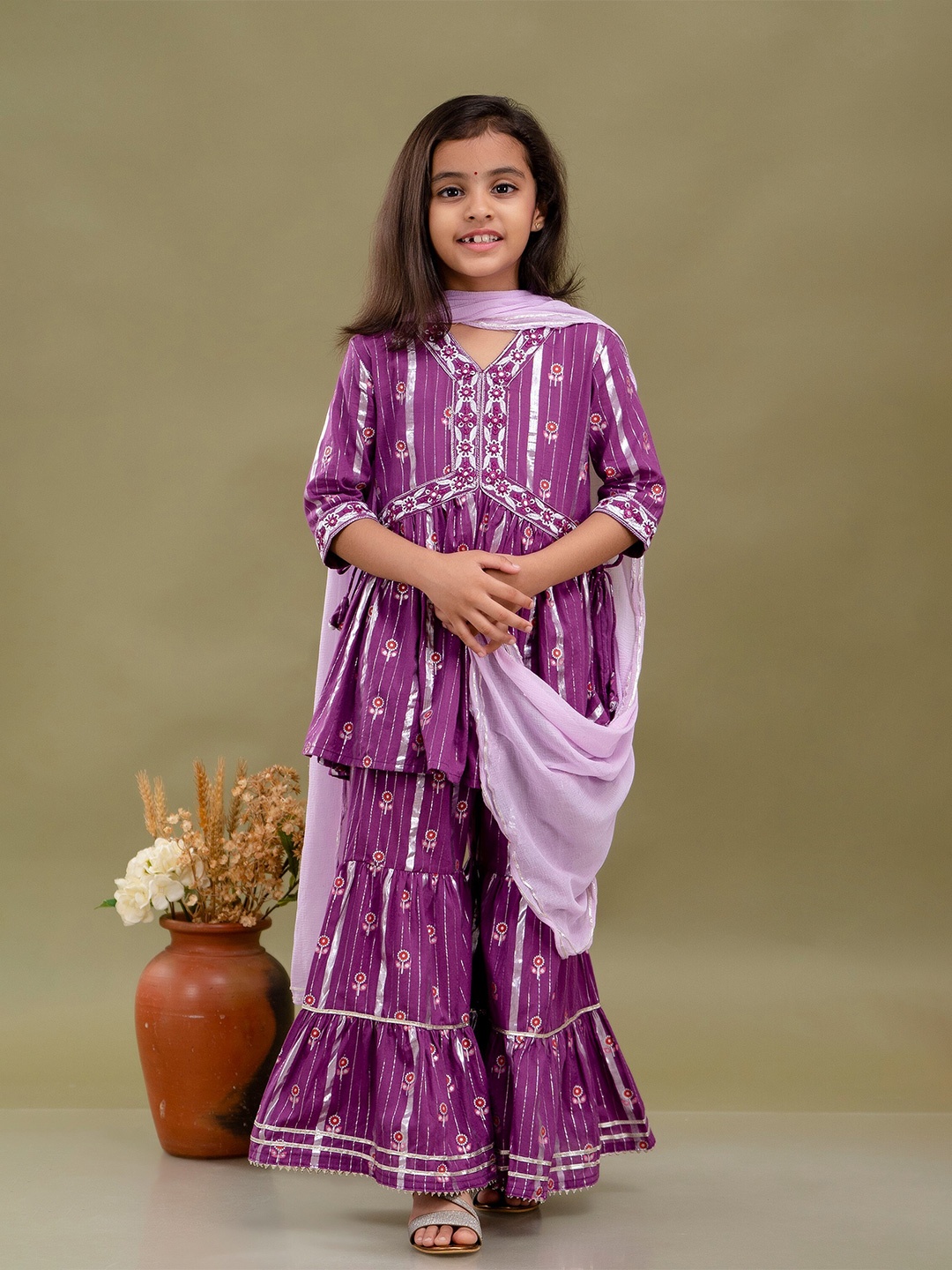 

BAESD Girls V-neck Floral Embroidered Flared Kurta with Sharara & Dupatta, Purple