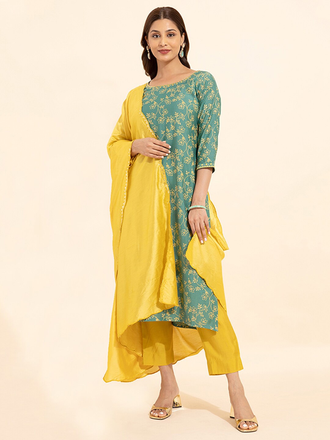 

Maybell Floral Printed Embroidered Straight Kurta With Trouser & Dupatta, Green