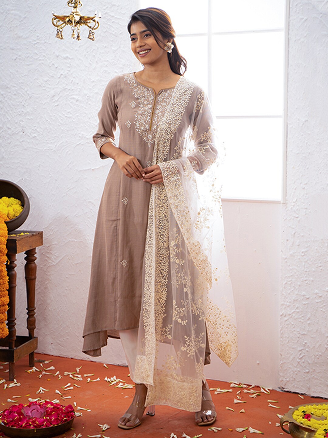 

Maybell Ethnic Embroidered Straight Kurta With Churidar & Dupatta, Brown