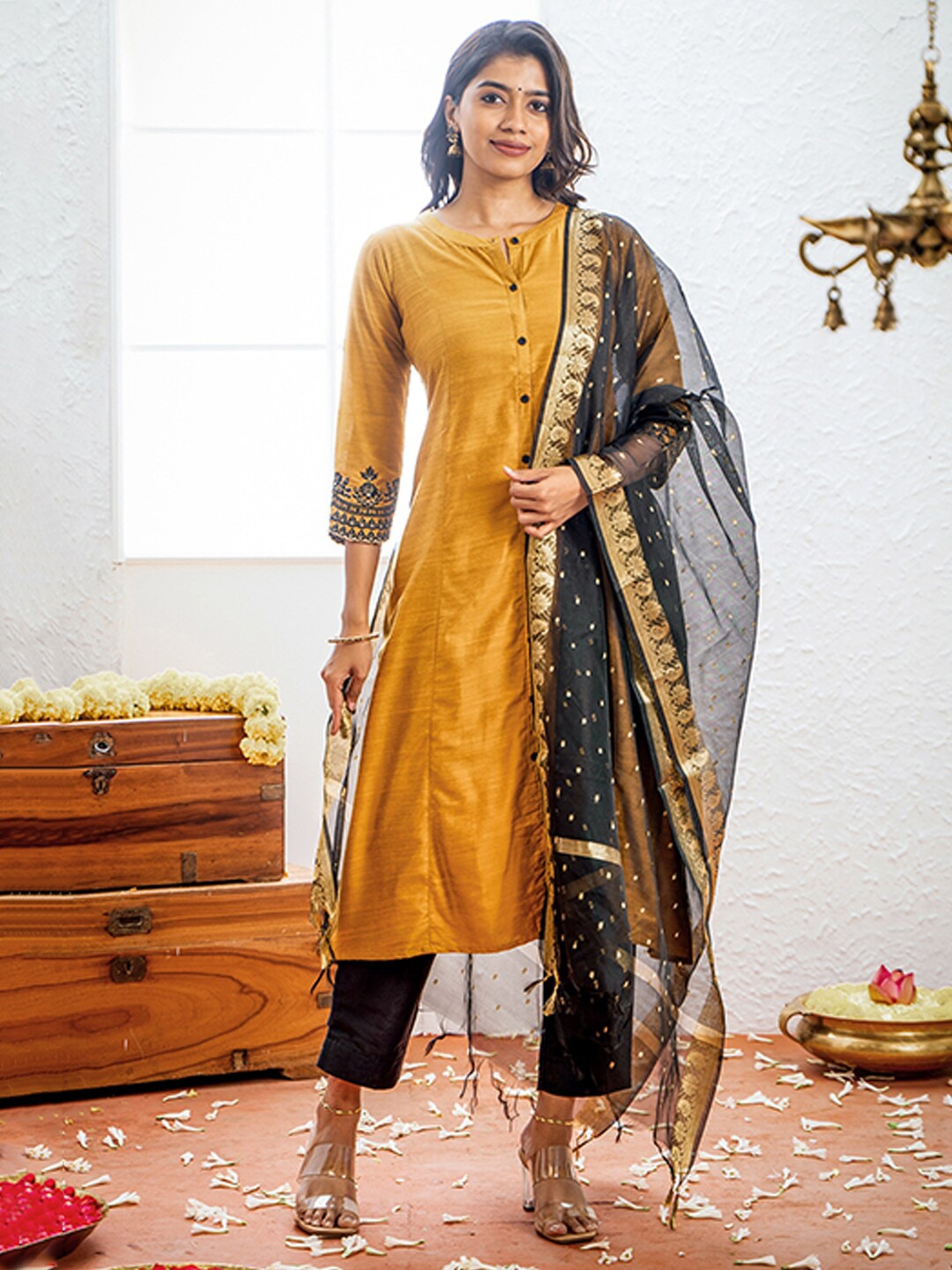 

Maybell Ethnic Embroidered Straight Pure Silk Kurta With Churidar & Dupatta, Yellow
