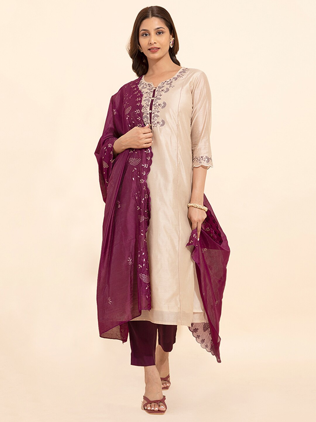 

Maybell Embroidered Pure Silk Straight Kurta With Trouser & Dupatta, Beige