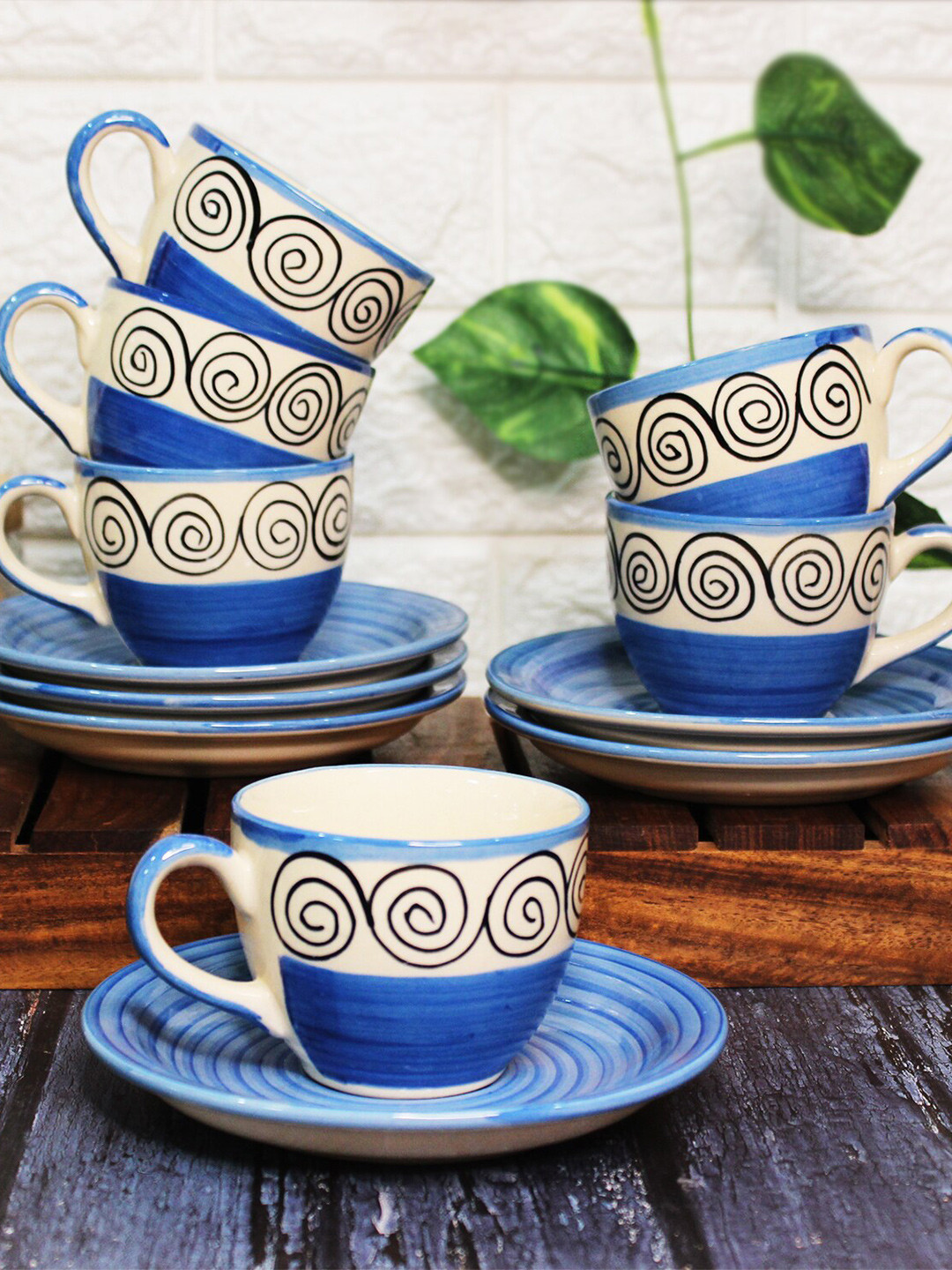 

The Artisan Emporium Blue 12 Pcs Printed Ceramic Dishwasher Safe Cups & Saucers Set