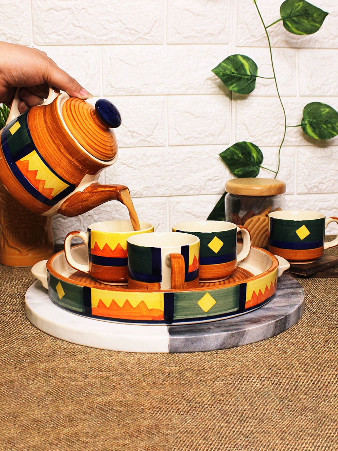 

The Artisan Emporium Brown 6 Pcs Geometric Printed Ceramic Dishwasher Safe Kettle Set