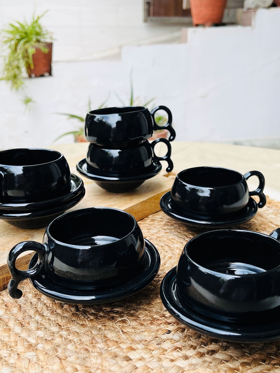The Artisan Emporium Black 12 Pcs Ceramic Dishwasher Safe Cups & Saucers Set