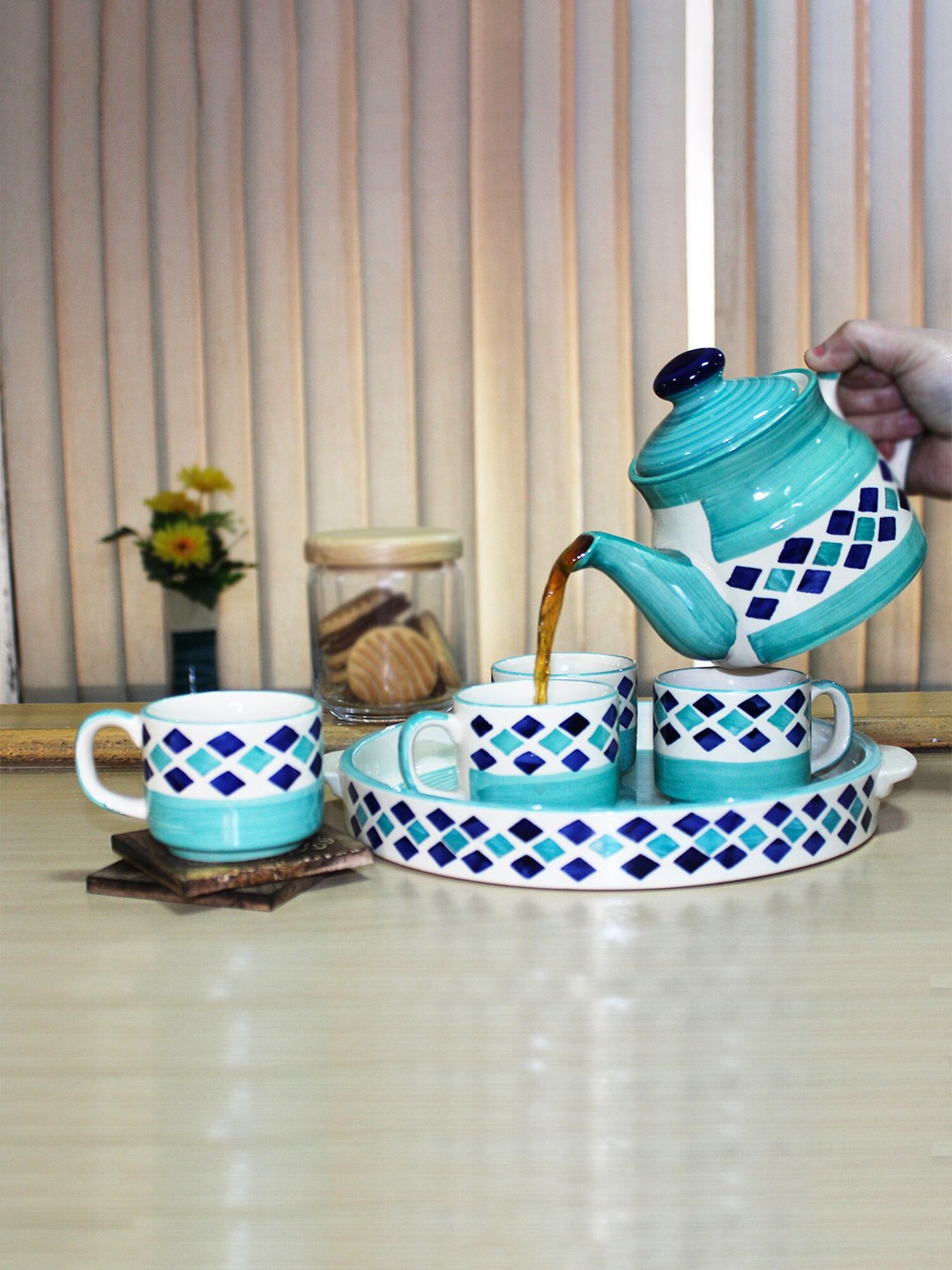 The Artisan Emporium Turquoise Blue 6 Pcs Printed Ceramic Dishwasher Safe Kettle Set