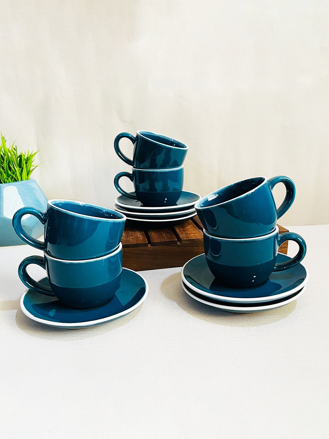 The Artisan Emporium Teal Green 12 Pcs Ceramic Dishwasher Safe Cups & Saucers Set