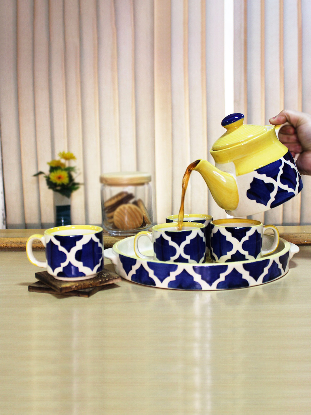 

The Artisan Emporium Blue 6 Pcs Geometric Printed Ceramic Dishwasher Safe Kettle Set